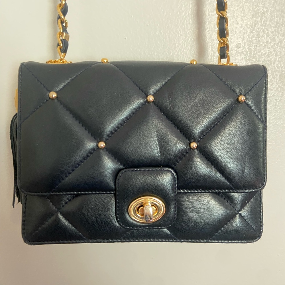 Quilted Dark Navy Pleather Chain Shoulder Bag with Gold Hardware